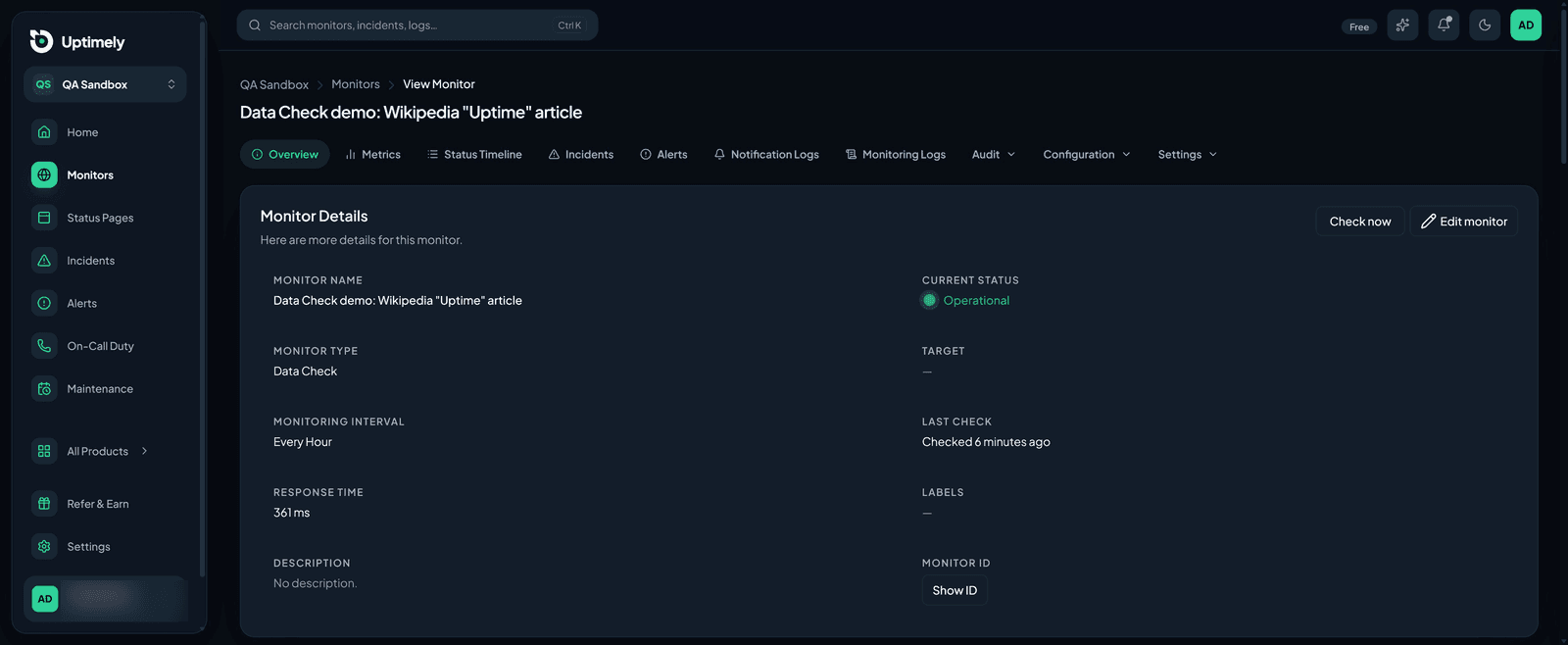 A Data Check monitor's overview page showing Operational status, hourly interval and last response time